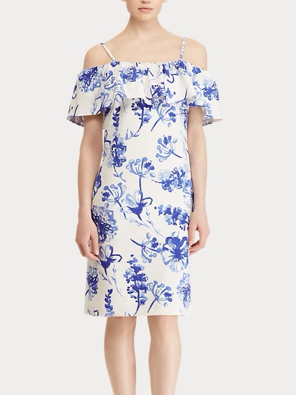 LRL Lauren Ralph Lauren Jersey Cold-Shoulder Dress White Blue Floral Size 8 NWT